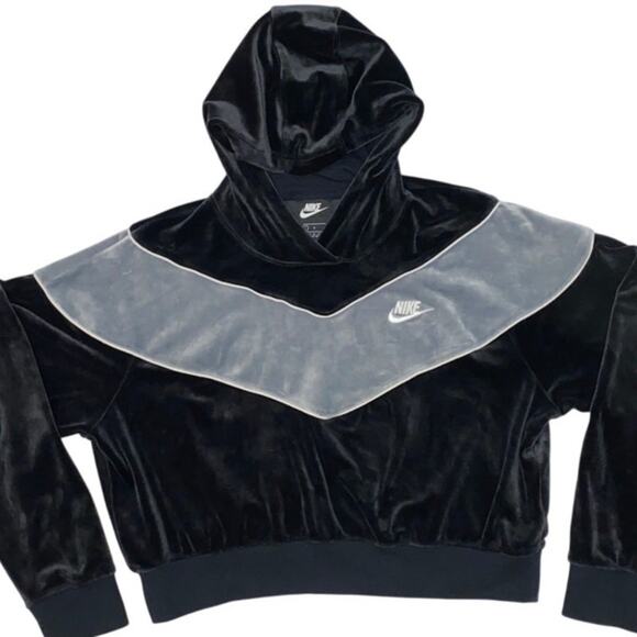 Nike Tops - Nike Crop Velour Sweatshirt Hoodie Black Gray Sz Large V Stripe Preppy Oversize